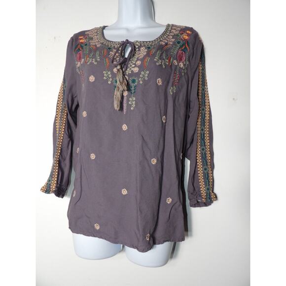 Solitaire Tunic Blouse Womens Large Gray Embroidered Boho Hippie Tassel Keyhole - Picture 2 of 13